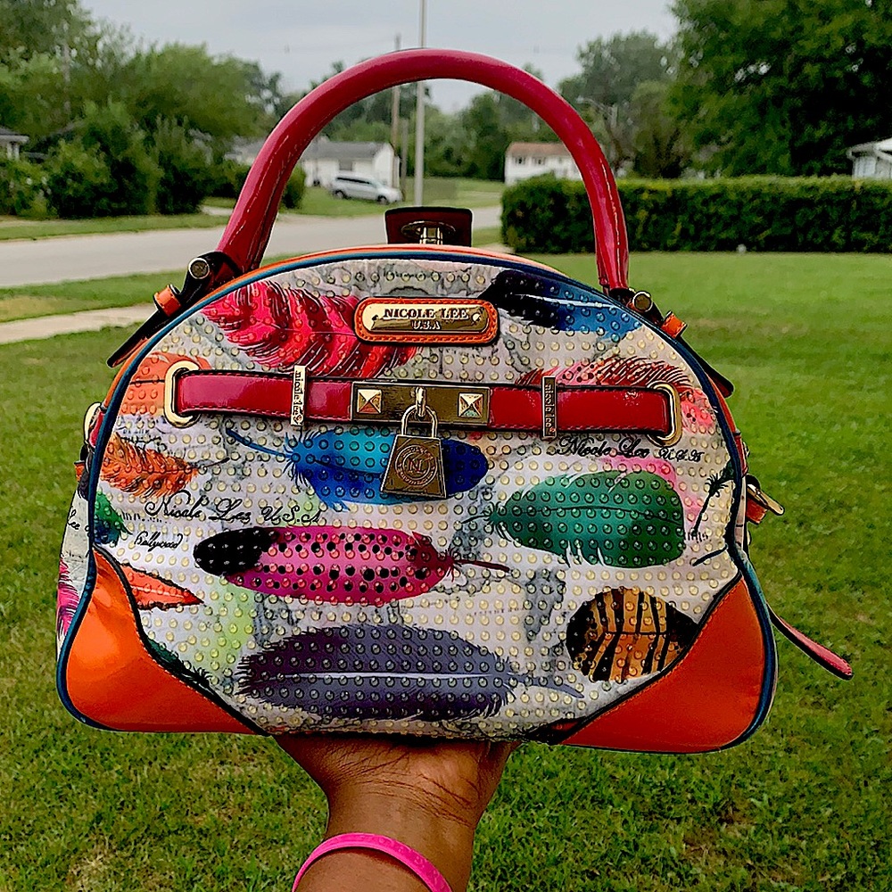 Nicole Lee Multicolor Feather-Print Dome Satchel - Pink & Orange